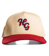 Hazy Golf HG 2 Tone Cardinal and Bone Snapback - front view with Cardinal red visor and logo with blue embroidary around the HG