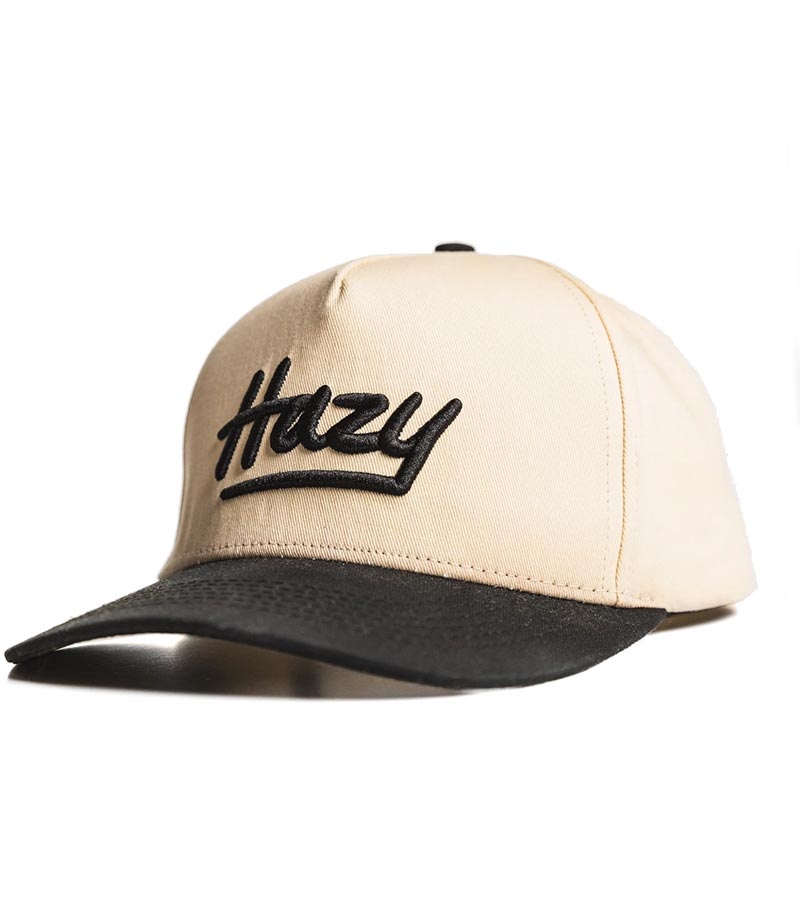 Hazy Golf’s Portland Tone Black and Bone Snapback - 3quarter view right  with black visor and Hazy logo across the front of the crown,