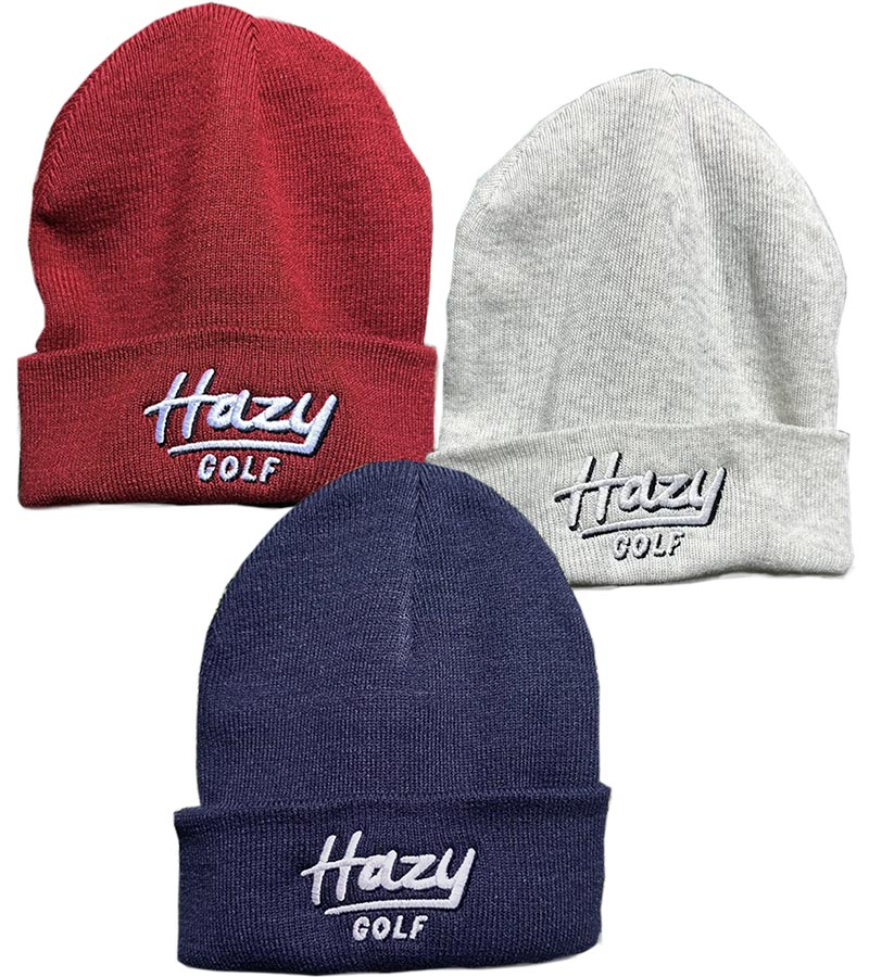 Hazy Golf Portland Logo Cuffed Beanies- front view with logo on cuff- 3 colors: Cardinal, Navy, White Heather