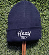 Hazy Golf Portland Logo Cuffed Beanies- front view with logo on cuff- in Navy on ograss back ground