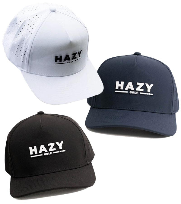 Hazy Golf’s Hazy X Tremont Dune Hat-in 3 colorways: White, Navy and Black. Front view the the Hazy Golf logo across the front of the crown