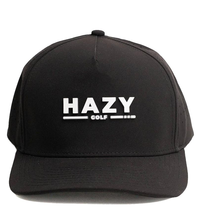 Hazy Golf: Hazy X Tremont Dune Hat  in Black front view with logo across the front crown in whiite. 