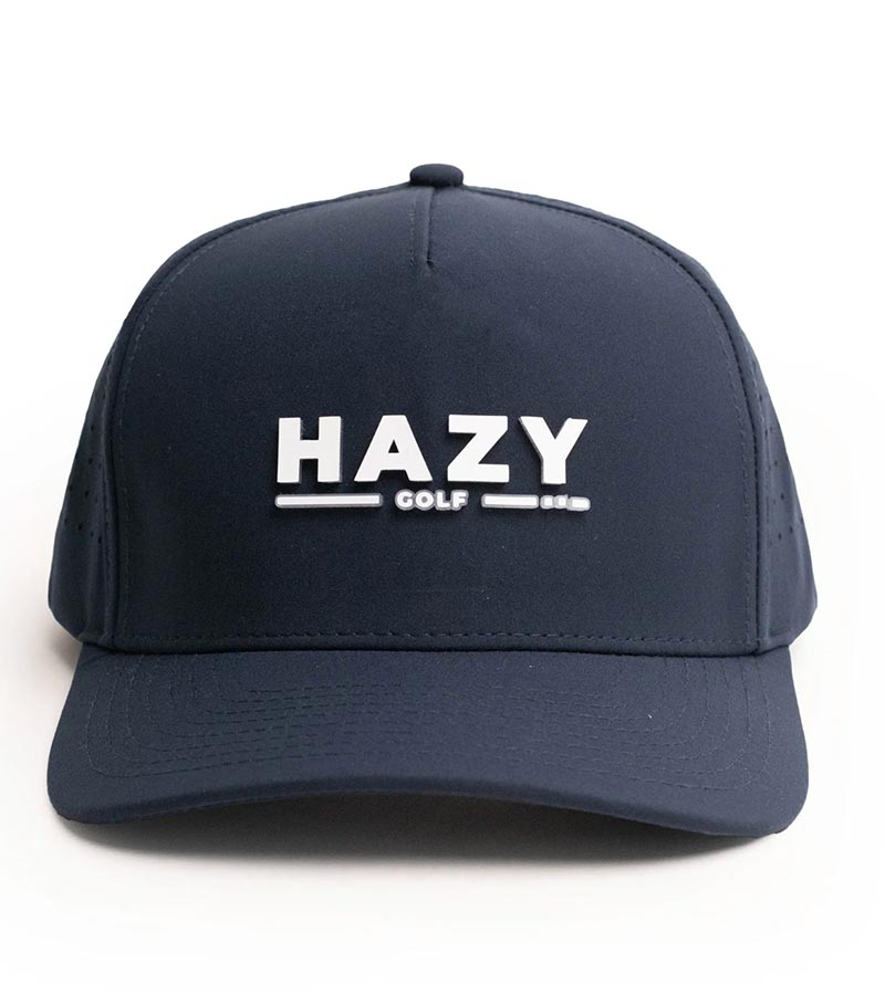 Hazy Golf: Hazy X Tremont Dune Hat  in Navy front view with logo across the front crown in whiite. 