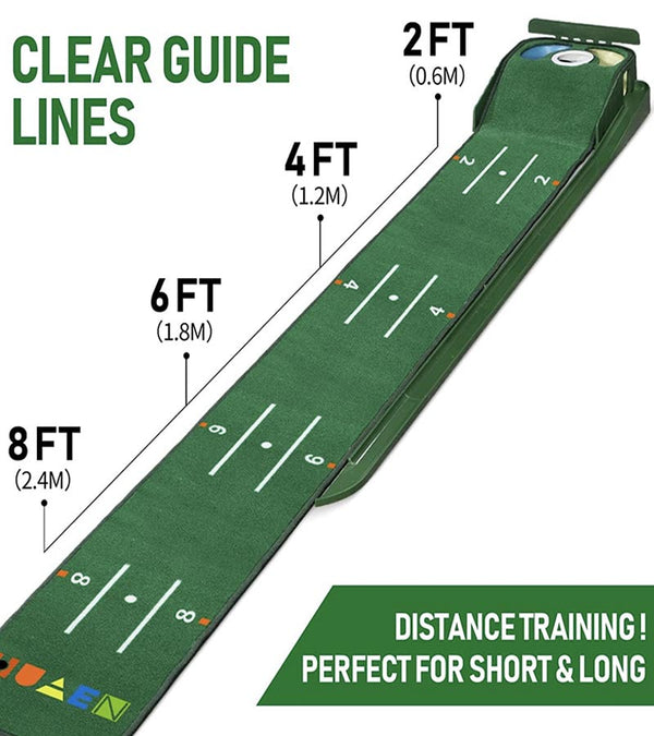 Man practicing with the Huaen Hazard Deluxe Putting Mat w/ Auto Return -fully assembled