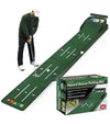 Man practicing with the Huaen Hazard Deluxe Putting Mat w/ Auto Return plus its packaging box