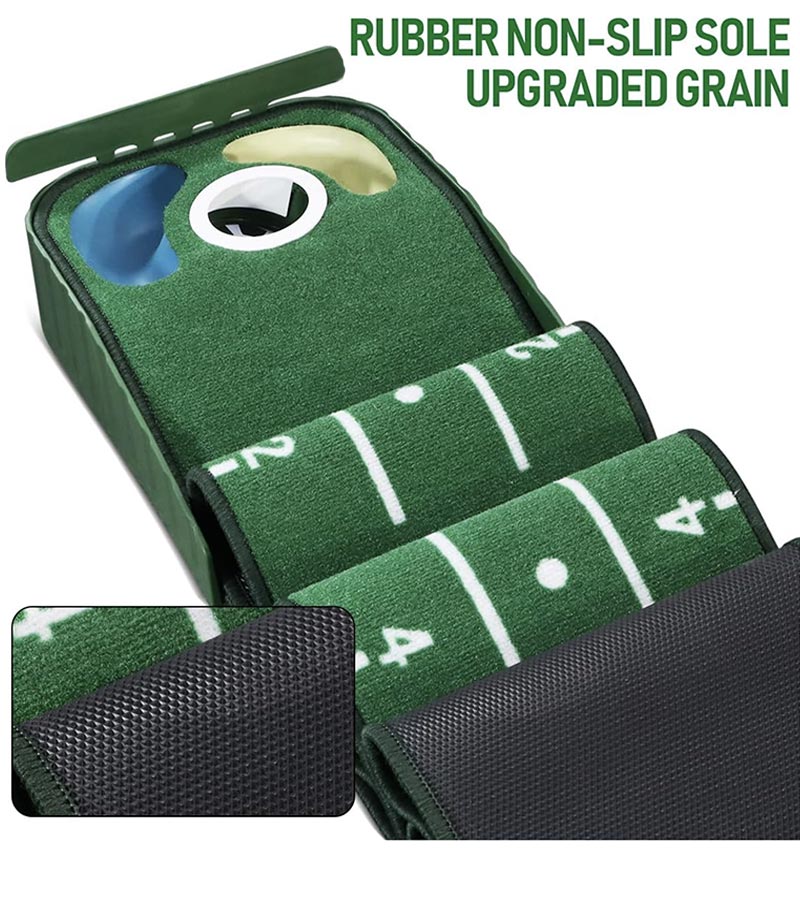 Huaen Hazard Deluxe Putting Mat with Auto showing in closeu its rubber non-slip backing