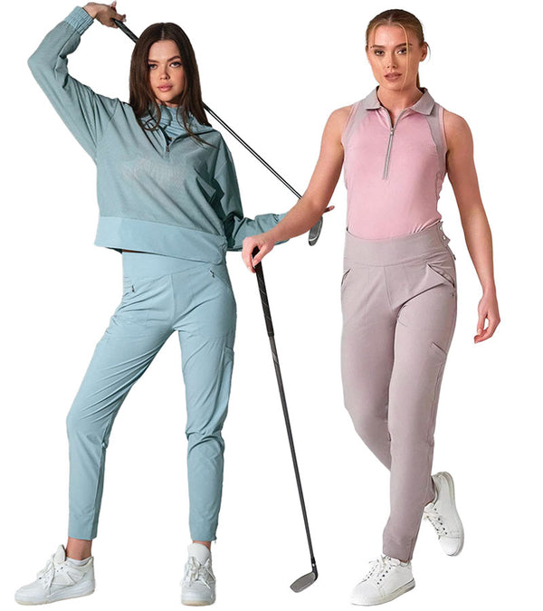 Inphorm BAILA Womens Golf Pants 29" inseam- two models with golf clubs. Two colors: Veridian Geen and Latte