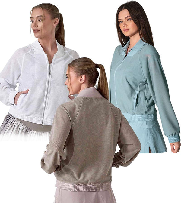 inPhorm BAILA Mesh 2 Way Zip Womens Bomber Golf Jacket- 3 models-in White, in Latte & in Veridian Green