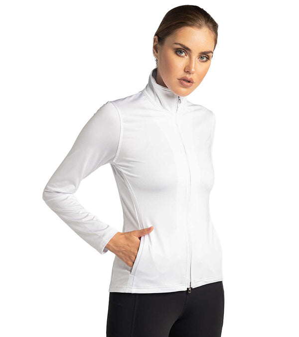 inPhorm Classic Blythe Women’s Jacket in white- model front view - jacket zippered closed