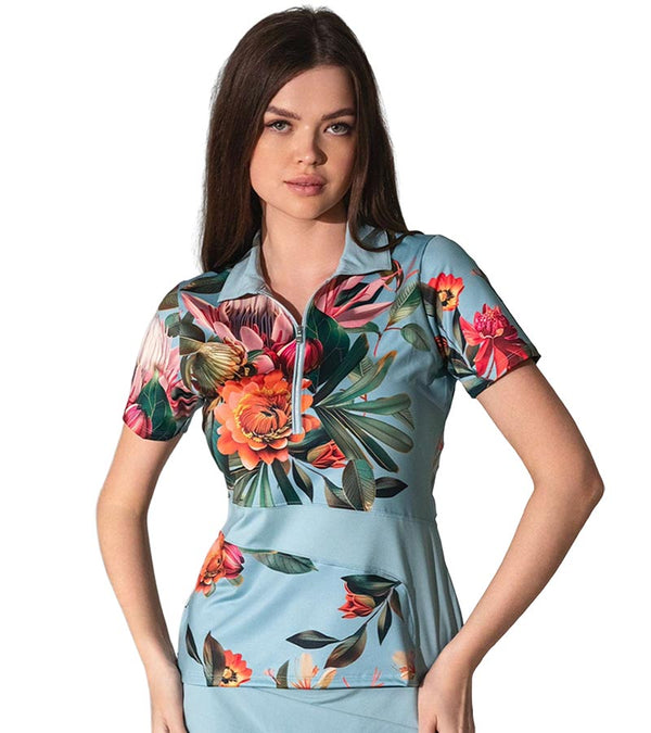 Inphorm Elle Short Sleeve Womens Golf Polo with ½ Zipper in Veridian Floral Print - front view