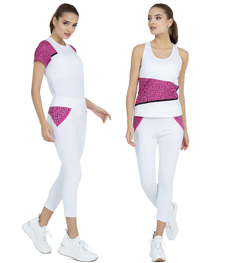 InPhorm Womens Golf Ready Athleisure Camila Capri in White/Pink Tessel. 2 Models showing front and side views.