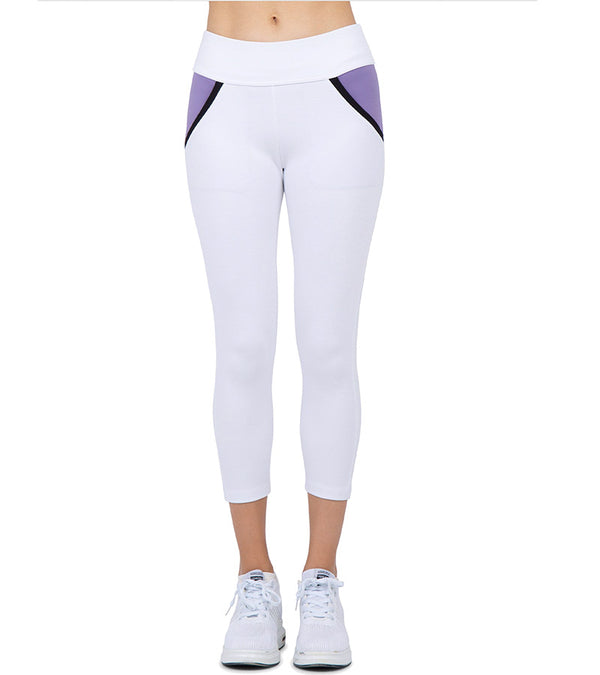 InPhorm Womens Camila Golf Ready Athleisure Capri in White/Lavender -  front view of capri pants