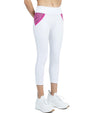 InPhorm Womens Golf Ready Athleisure Camila Capri in White/Pink Tessel -3quarter view with pockets.