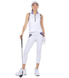 InPhorm Womens Camila Golf Ready Athleisure Capri in White/Lavender - Model with golf club front view of capri pants