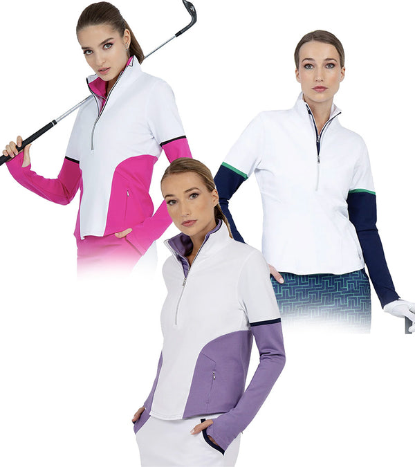 Inphron Womens Logan Performance Long Sleeve Half Zip Top - 3 models-3 color ways: White/Lavendar Combo.
White/Pink, and White/Ink