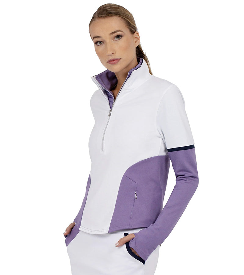 Inphron Womens Logan Performance Long Sleeve Half Zip Top in White/Lavender Combo - model 3quarter view