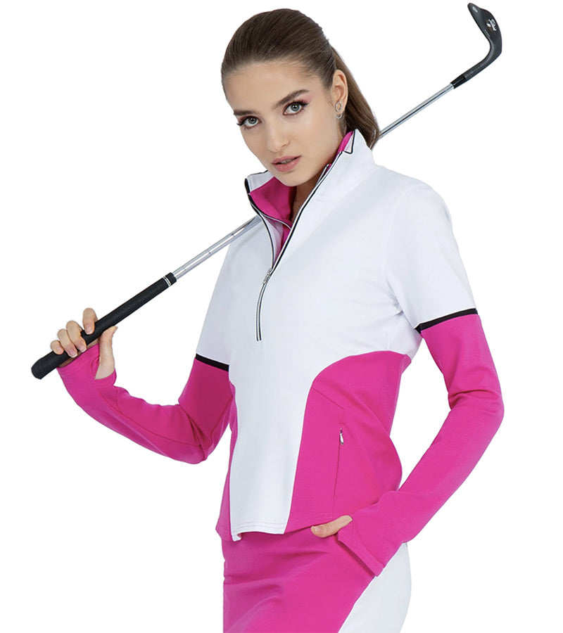 Inphron Womens Logan Performance Long Sleeve Half Zip Top  in White/Pink-model in 3quarter view