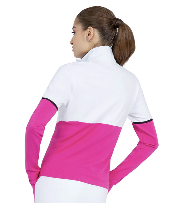 Inphron Womens Logan Performance Long Sleeve Half Zip Top  in White/Pink-model in back view