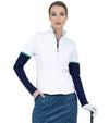 Inphron Womens Logan Performance Long Sleeve Half Zip Top in White/Ink - model front view