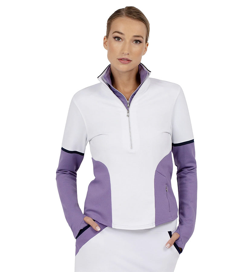 Inphron Womens Logan Performance Long Sleeve Half Zip Top in White/Lavender Combo - model front view