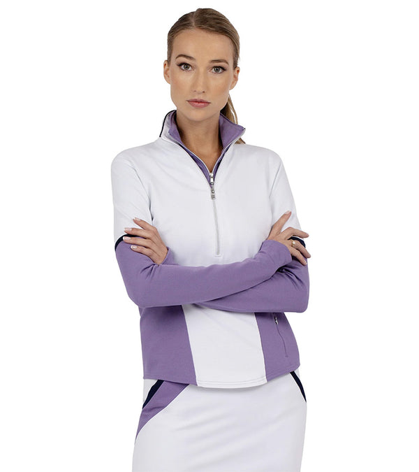 Inphron Womens Logan Performance Long Sleeve Half Zip Top in White/Lavender Combo - model front view arms crossed