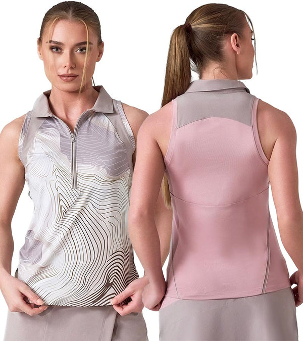 Inphorm MAI Womens Sleeveless Golf Polo w/ Razor Back - two models showing front and back in 2 colors: Latte Print & Dusty Pink Latte