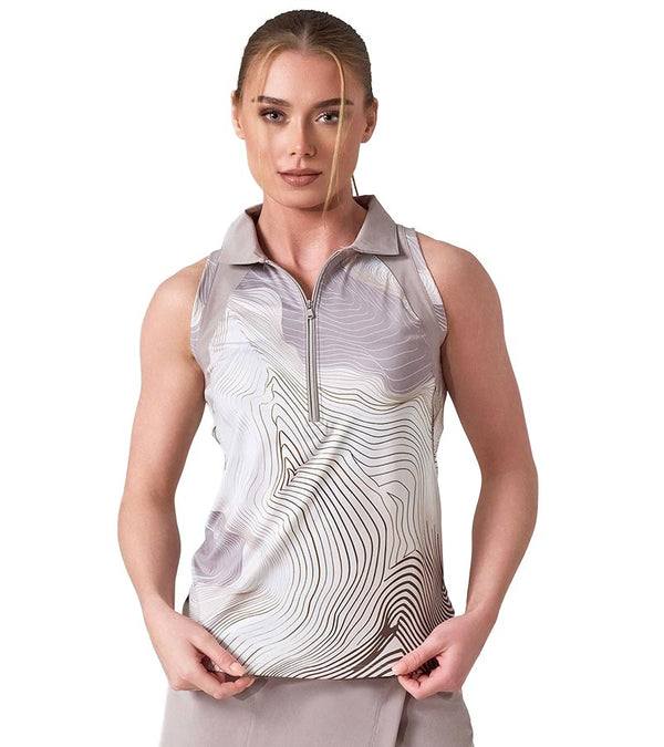 Inphorm MAI Womens Sleeveless Golf Polo w/ Razor Back - partial model in Latte Print - front view