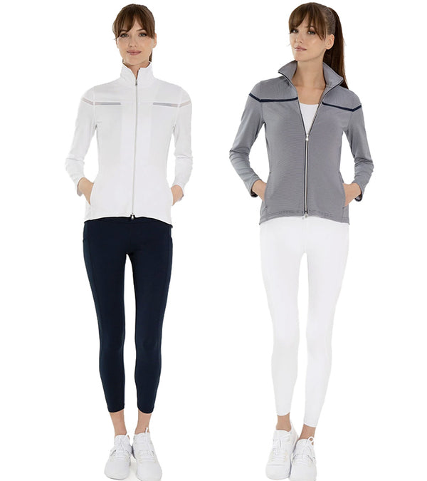 Inphorm Womens Riley Golf Jacket 2 models- one wearing the jacket in white- the other in midnight stripes- a medium grey color with black detailing at the yoke