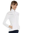 Inphorm Womens Riley Golf Jacket 3 quarter view in white- light grey detailing stripe at yoke - zippered front