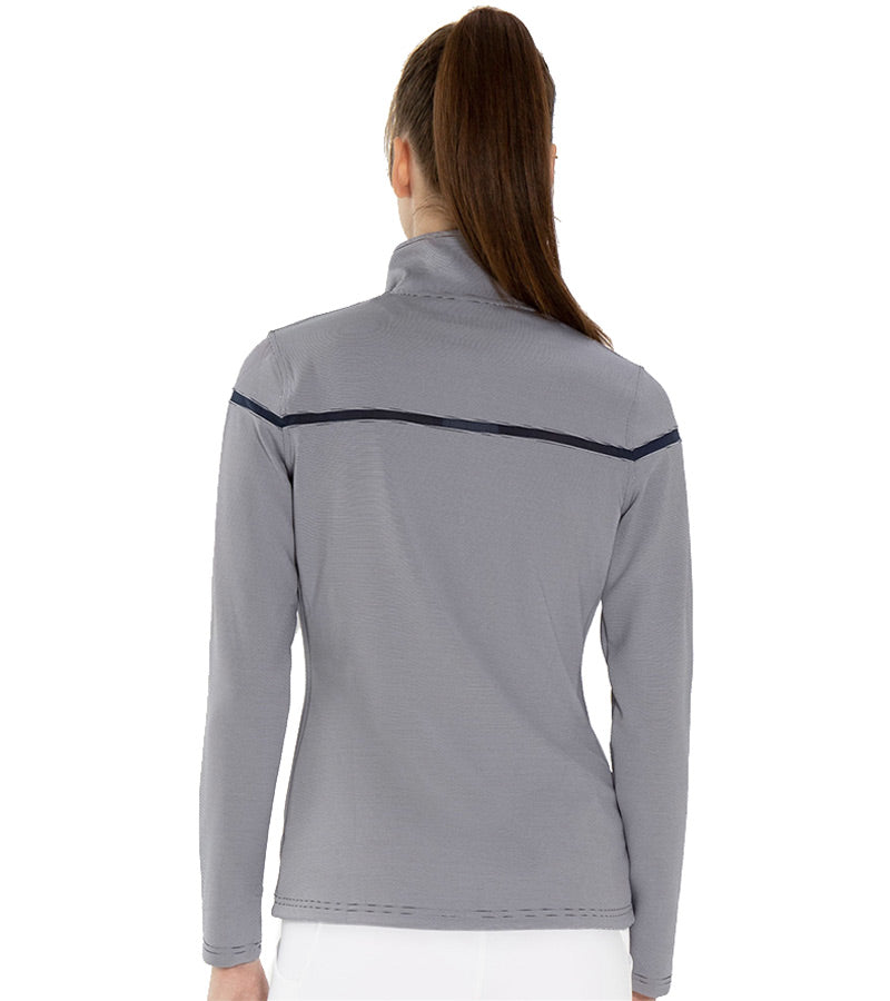 Inphorm Womens Riley Golf Jacket model  back view in midnight stripe- black detailing stripe at yoke