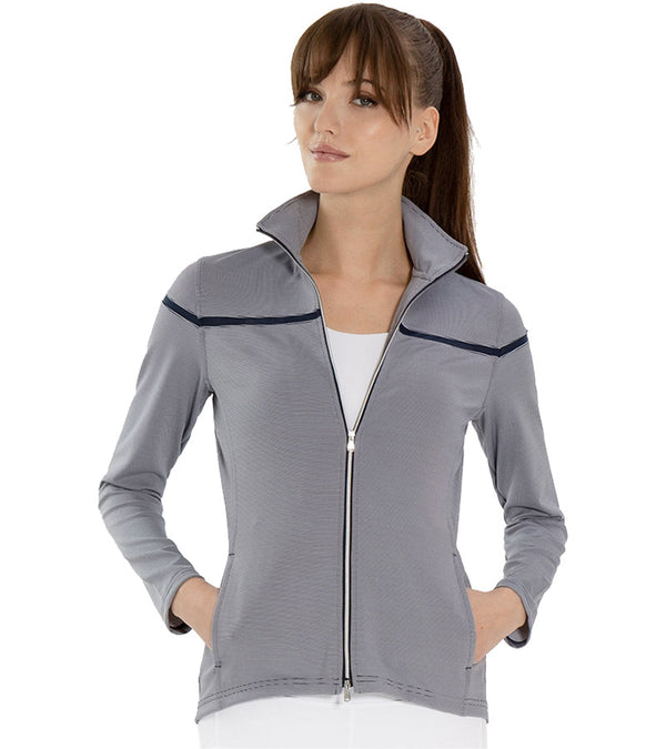 Inphorm Womens Riley Golf Jacket model -front view in midnight stripe- black detailing stripe at yoke - zippered front - collar