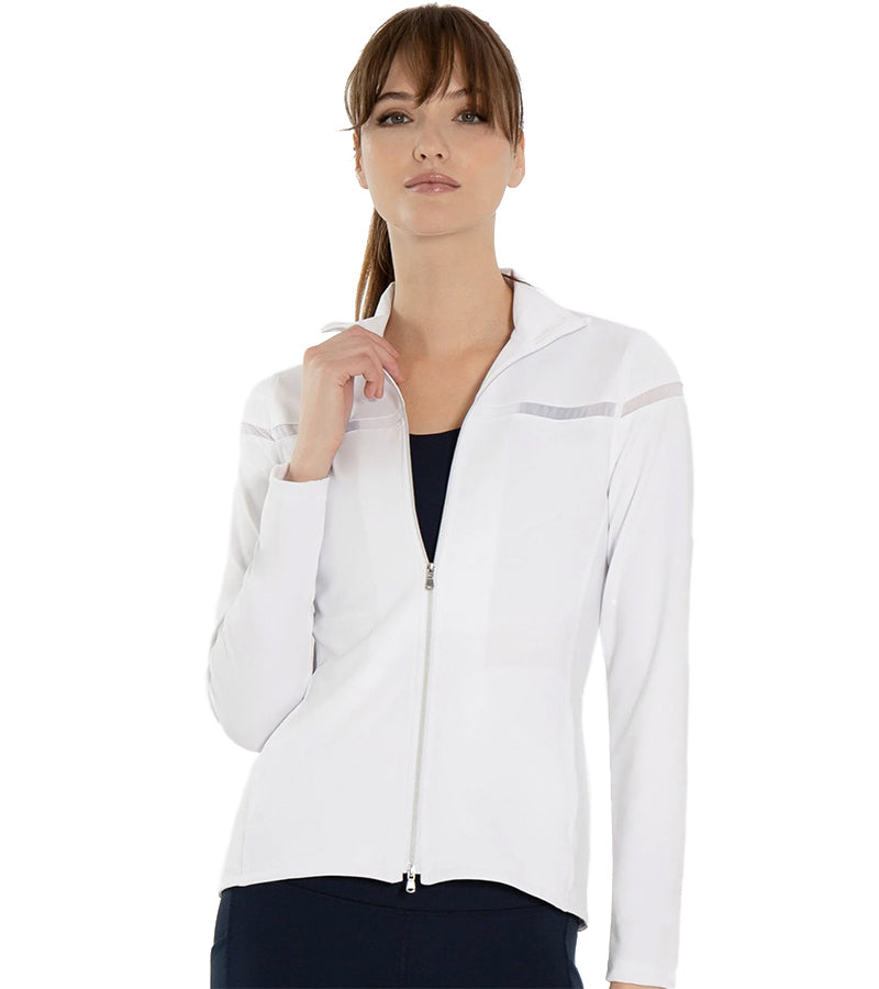 Inphorm Womens Riley Golf Jacket front view with zipper in white- light grey detailing stripe at yoke 