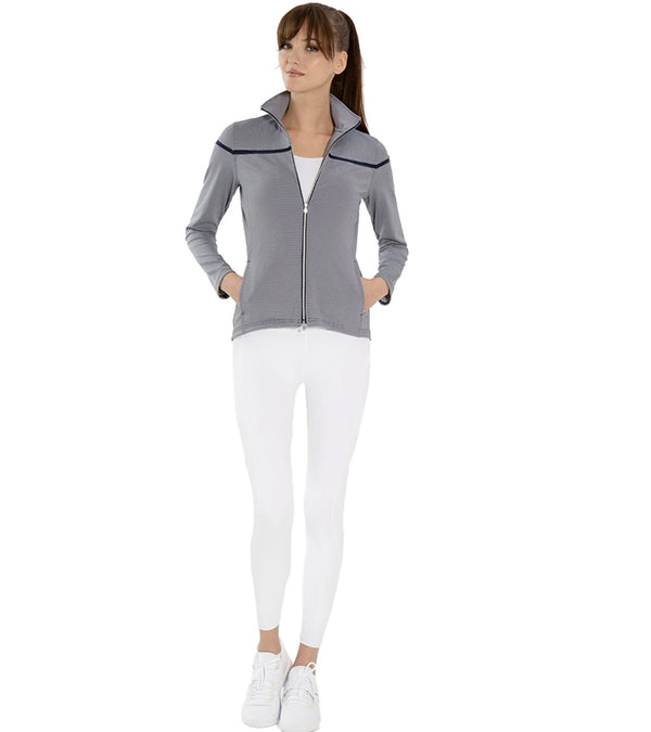 Inphorm Womens Riley Golf Jacket model  with white pants -front view in midnight stripe- black detailing stripe at yoke - zippered front - collar