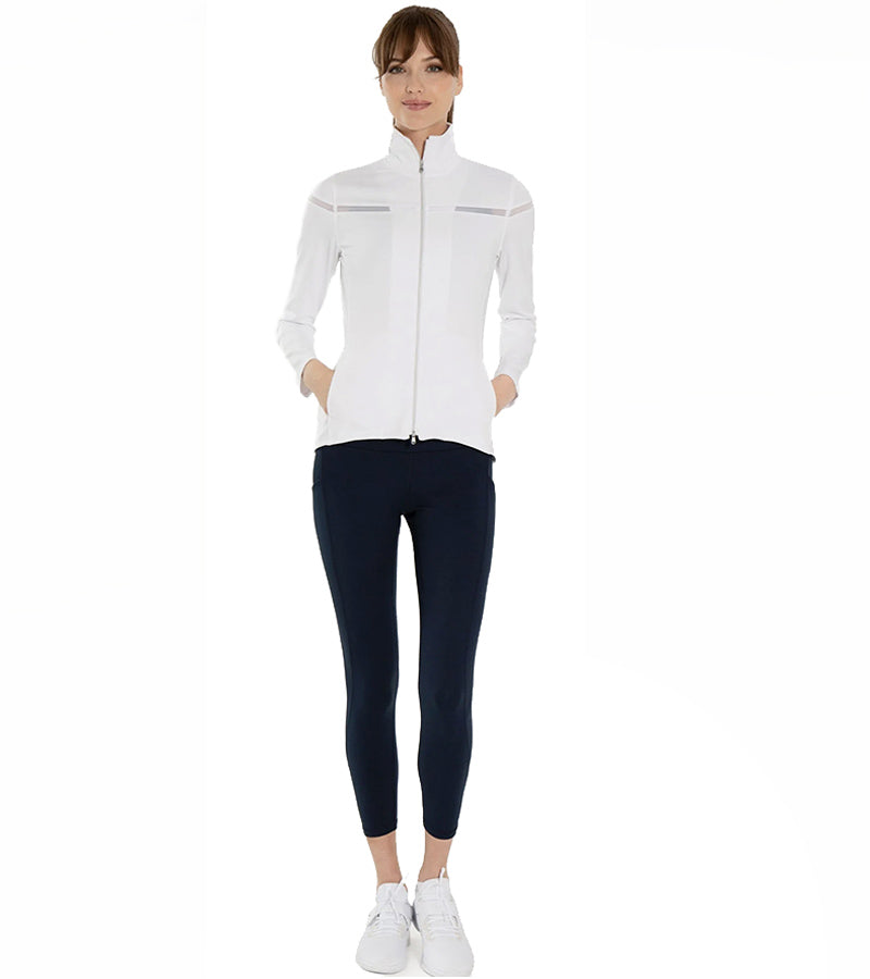 Inphorm Womens Riley Golf Jacket model  with black pants -front view in white- light grey detailing stripe at yoke - zippered front