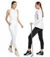 InPhorm Stylish Womens Golf Pants - 2 models. One wearing black version and the other wearing a white version.