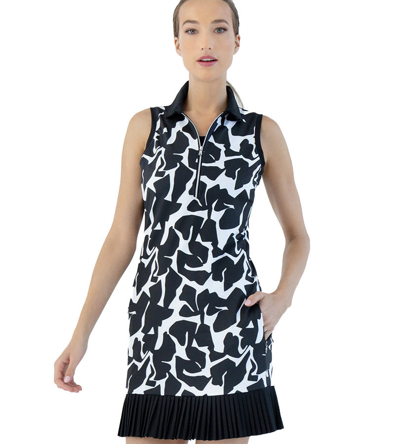 Inphrom Womens Moisture Wicking Golf Dress in Black Graphic Black with model front view close up