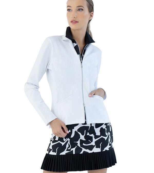 Inphrom Womens Moisture Wicking Golf Dress in Black Graphic Black with model front view -white blazer