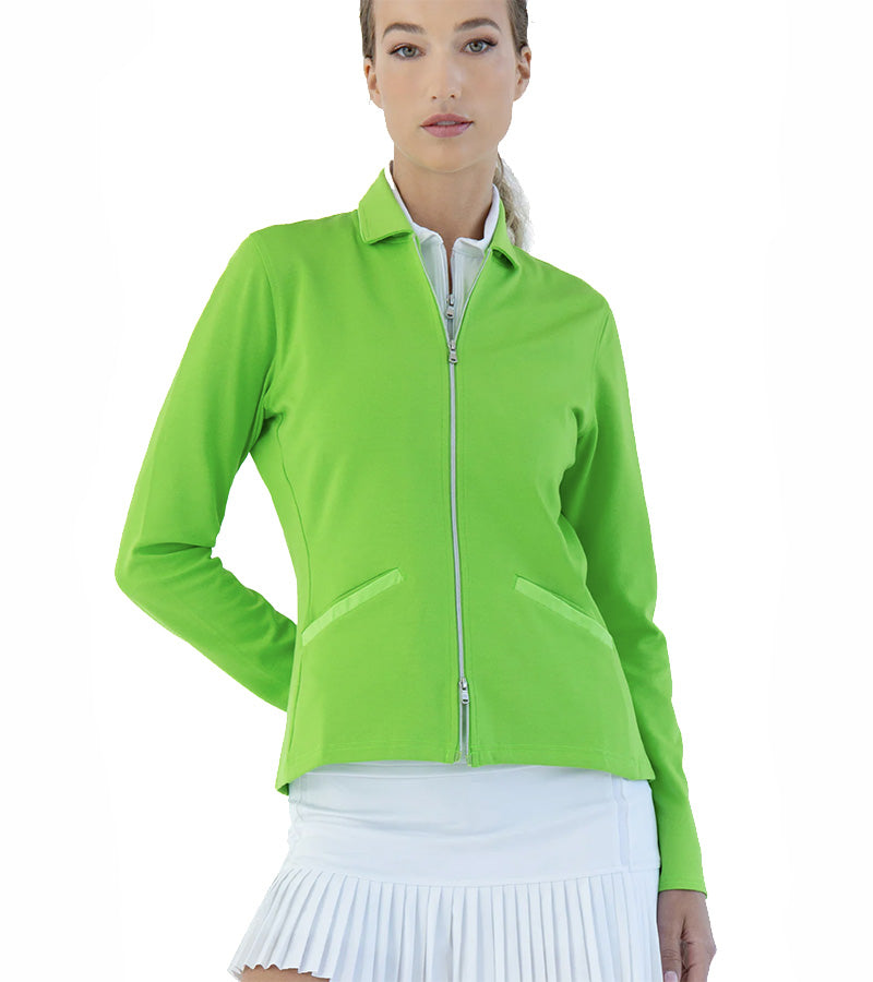 Inphorm Women's Active Blazer in fuji green - front view with pockets & zipper