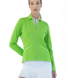 Inphorm Women's Active Blazer in fuji green - front view with pockets & zipper