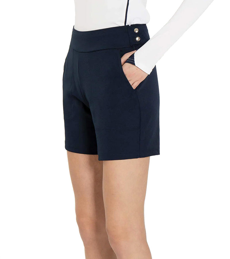 InPhorm Women's Golf Shorts in Midnight 3/4 view- pocket-two biuttons on waistline