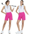 Inphorm Quick Dry Womens Camila Golf Shorts with 2 models with golf clubs- front view in Raspberry Pink