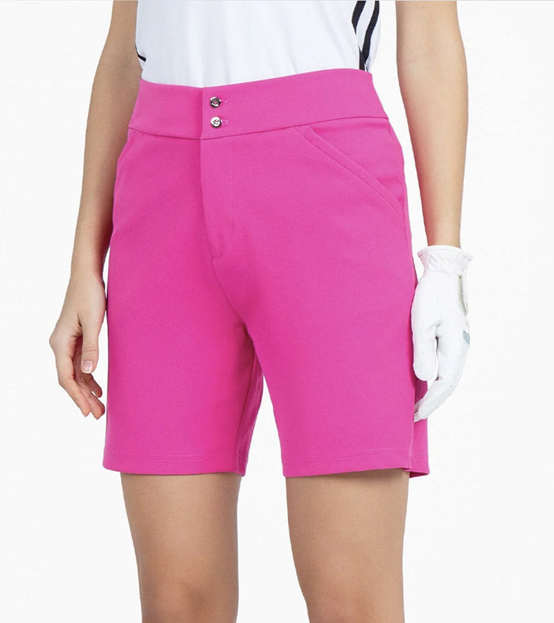 Inphorm Quick Dry Womens Camila Golf Shorts - 2 button closure  front view in Raspberry Pink