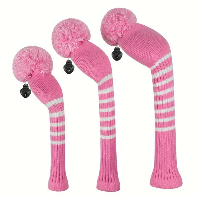 Pink Knit Pom Pom Headcovers - Set of 3