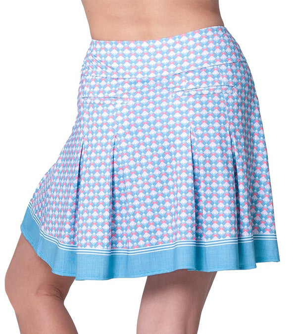 Lucky in Love Linen Glam Pleat Womens Golf Skort in a small geometric set "mens tie" design in periwinkle-back view