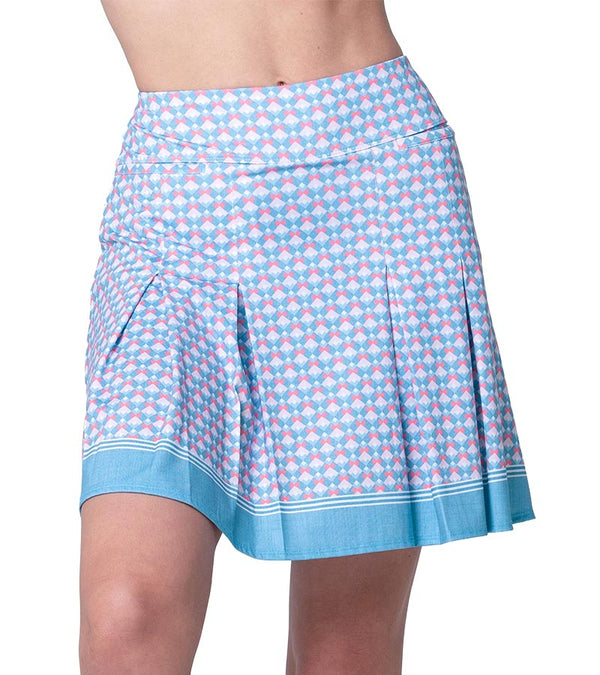 Lucky in Love Linen Glam Pleat Womens Golf Skort in a small geometric set "mens tie" design in periwinkle-front view