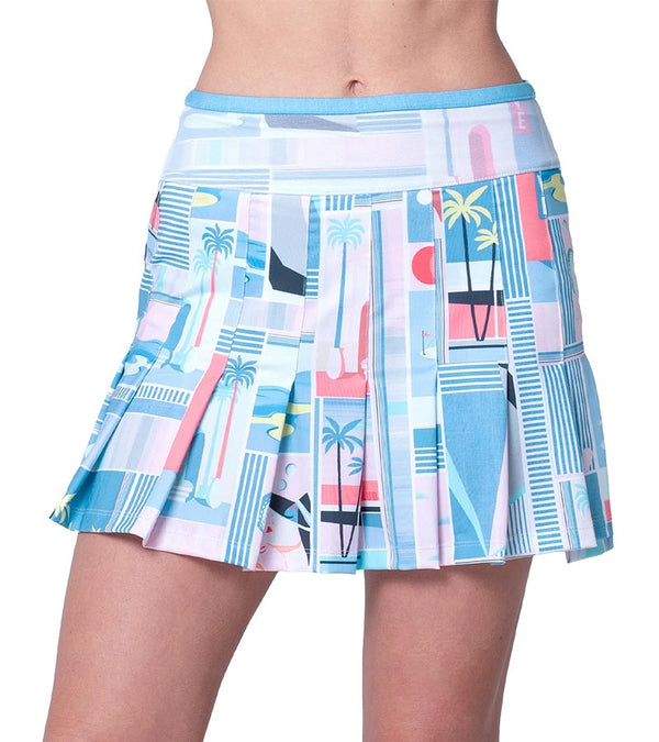 Lucky in Love Linen Nouveau Golf Skort in Periwinkle and pink art graphic resort print - partial model- front view.