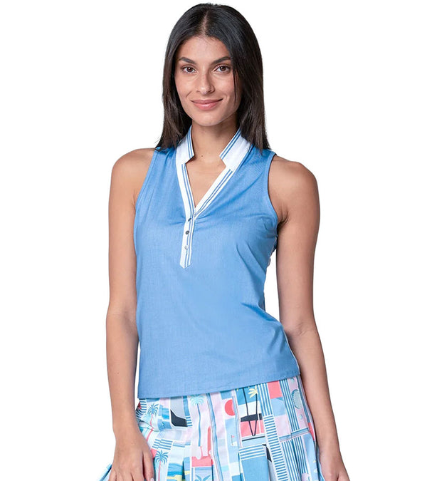 Lucky in Love Linen Streak Tank Sleeveless Womens Golf Shirt in perwinkle- partial model- front view 