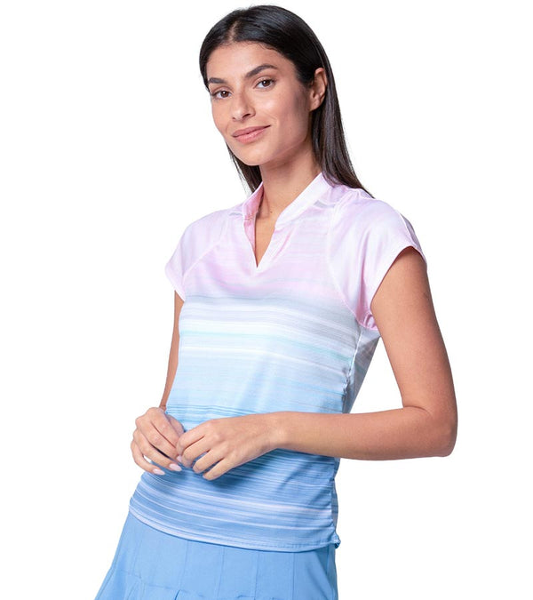 Lucky in Love Linen Vision Ruche Women's Golf Shirt with Short Sleeve in a periwinkle to pink ombre- partial model -3quarter view