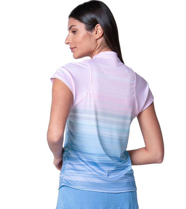 Lucky in Love Linen Vision Ruche Women's Golf Shirt with Short Sleeve in a periwinkle to pink ombre- partial model -back view