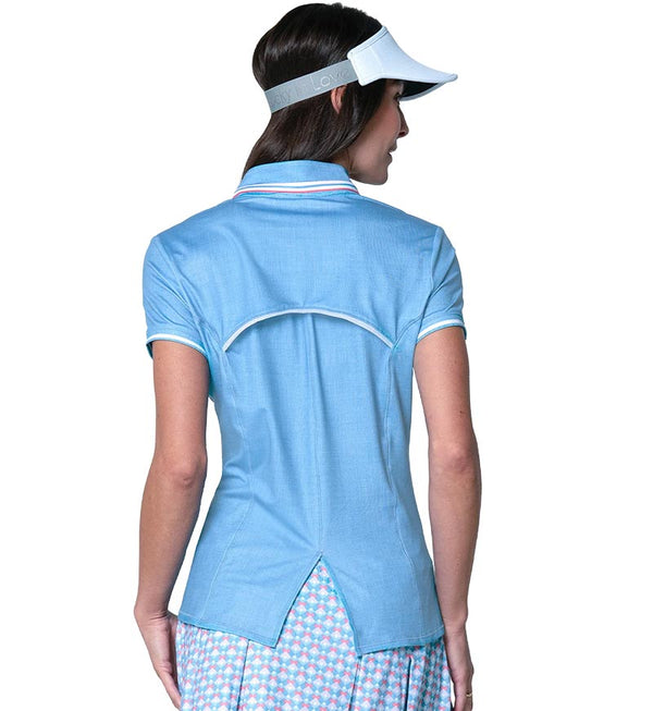 Lucky in Love Linen Notched Collar Womens Golf Polo in periwinkle - partial model back view